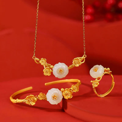 Buddha Stones 925 Sterling Silver Plated Gold Hetian Jade  Plum Blossom Luck Necklace Pendant Bracelet Bangle Ring Bracelet Necklaces & Pendants BS 3Pcs(Bracelet Necklace&Ring)