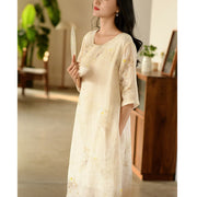 Buddha Stones Flower Print Half Sleeve Ramie Linen Chinese Cheongsam Midi Dress With Pockets