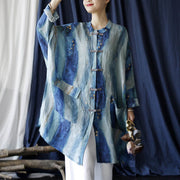 Buddha Stones Blue White Beige Small Flower Frog-button Design Long Sleeve Ramie Linen Jacket Shirt With Pockets