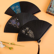 Buddha Stones Hibiscus Flower Plum Blossom Handheld Bamboo Folding Fan
