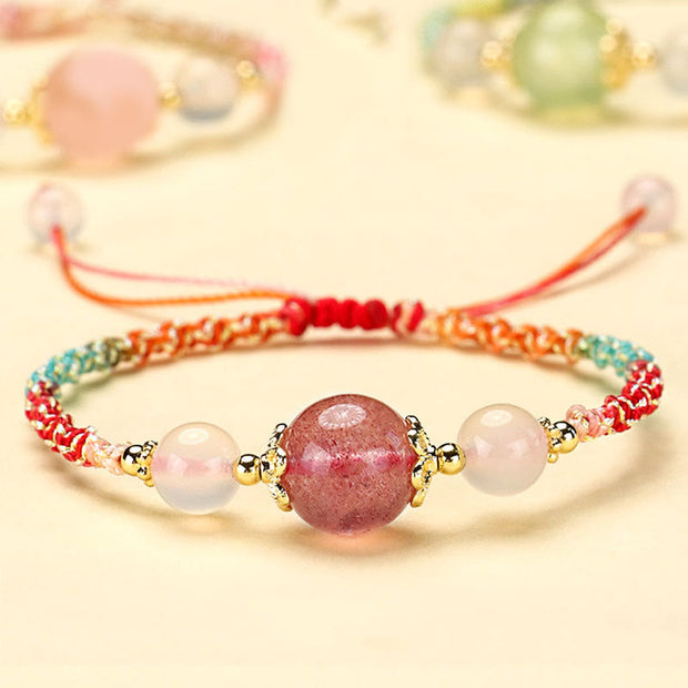 Buddha Stones Strawberry Quartz Pink Crystal Prehnite White Agate Bead Healing Rope Bracelet