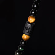 Buddha Stones Natural Black Obsidian Rainbow Obsidian Gourd Blessing Bracelet Mala
