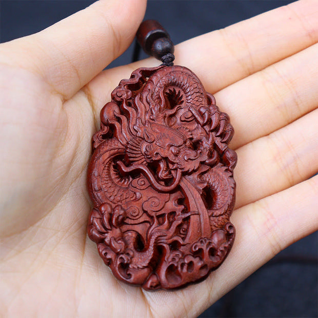 Buddha Stones Lightning Struck Jujube Wood Double Dragon Relief Ward Off Evil Spirits Necklace Pendant Necklaces & Pendants BS 9