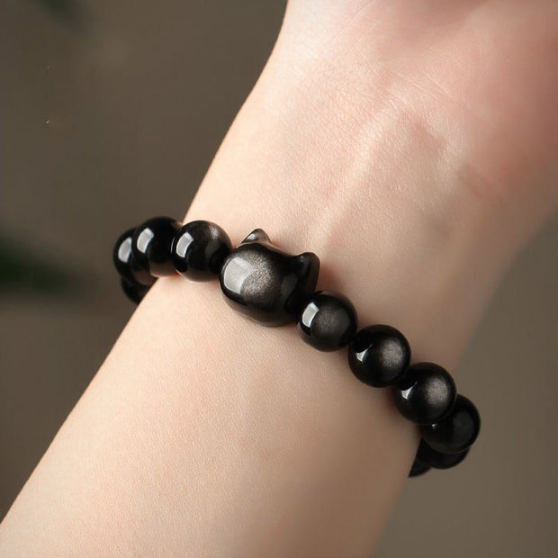 Buddha Stones Gold Sheen Obsidian Silver Sheen Obsidian Lovely Paw Lucky Cat Protection Bracelet