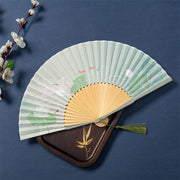 Buddha Stones Lotus Begonia Flower Jasmine Handheld Silk Bamboo Folding Fan 21cm 2