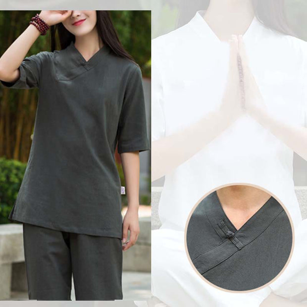 Buddha Stones 2Pcs Half Sleeve V-Neck Shirt Top Pants Meditation Zen Tai Chi Linen Clothing Women's Set Women's Meditation Cloth BS 19