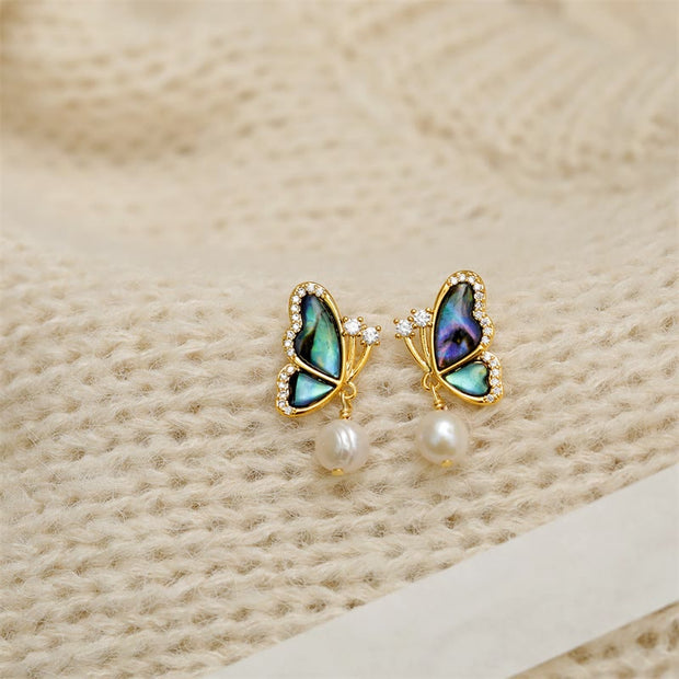 Buddha Stones 18K Gold Plated Copper Pearl Butterfly Love Stud Earrings 3