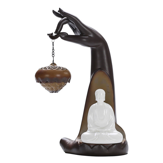 Buddha Stones Led Buddha Hand Backflow Smoke Fountain Healing Ceramic Stick Incense Burner Decoration