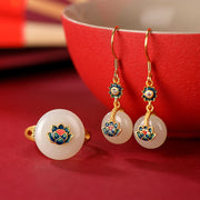 Buddha Stones 925 Sterling Silver Plated Gold Hetian Jade Lotus Luck Ring Earrings Set Bracelet Necklaces & Pendants BS 2Pcs(Ring&Earrings)