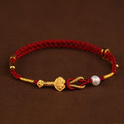 Buddha Stones 24K Gold Wish Ruyi Handle Fu Character Rabbit Pearl Luck Braided Bracelet