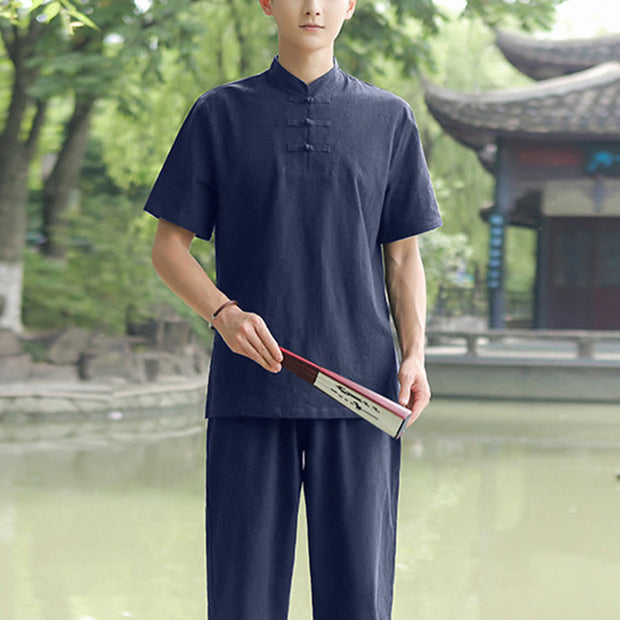 Buddha Stones 2Pcs Men's Short Sleeve Shirt Top T-Shirt Pants Meditation Zen Tai Chi Cotton Linen Clothing Set Men's Meditation Cloth BS Navy Blue(Top&Pants) 6XL(Bust 138cm/Waist 86-150cm/Hips 144cm)