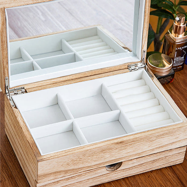 Buddha Stones Retro Beige Wooden Jewelry Box Two-Layer Jewelry Storage Box With Mirror - image 8