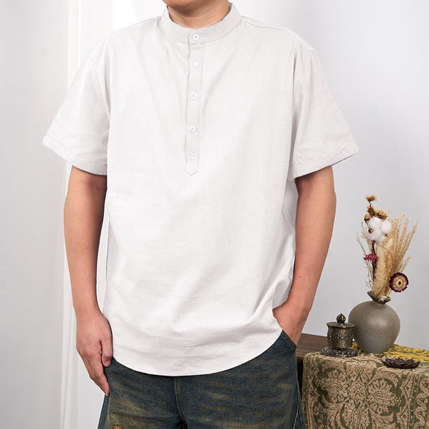 Buddha Stones Men's Plain Color Short Sleeve Half Button Cotton Linen Shirt Men's Shirts BS White 3XL(Fit for US/UK/AU44; EU54)