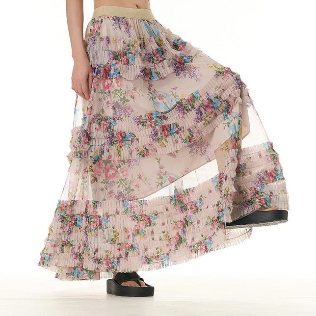 Buddha Stones Colorful Flowers Loose Mesh Tulle Skirt See-Through Design 2