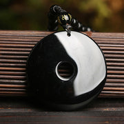Buddha Stones Natural Black Obsidian Peace Buckle Pixiu Bead Rope Strength Necklace Pendant