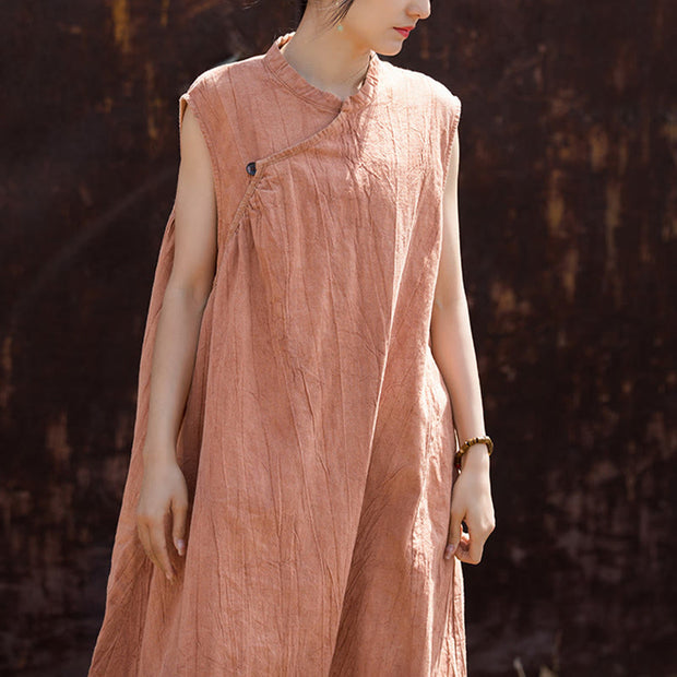 Buddha Stones Handmade Tie Dye Midi Dress Linen Sleeveless Dress 1
