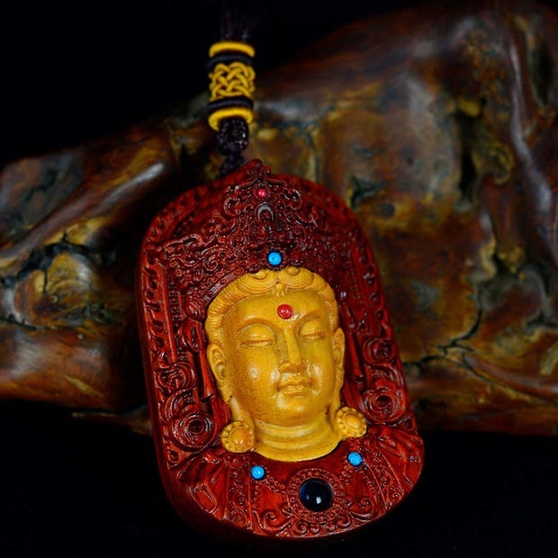 Buddha Stones Thuja Sutchuenensis Sandalwood Small Leaf Red Sandalwood Green Tara Om Mani Padme Hum Necklace Pendant