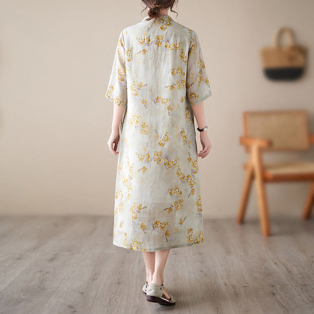 Buddha Stones Yellow Flowers Print Cheongsam Midi Dress Cotton Linen Half Sleeve Dress With Pockets