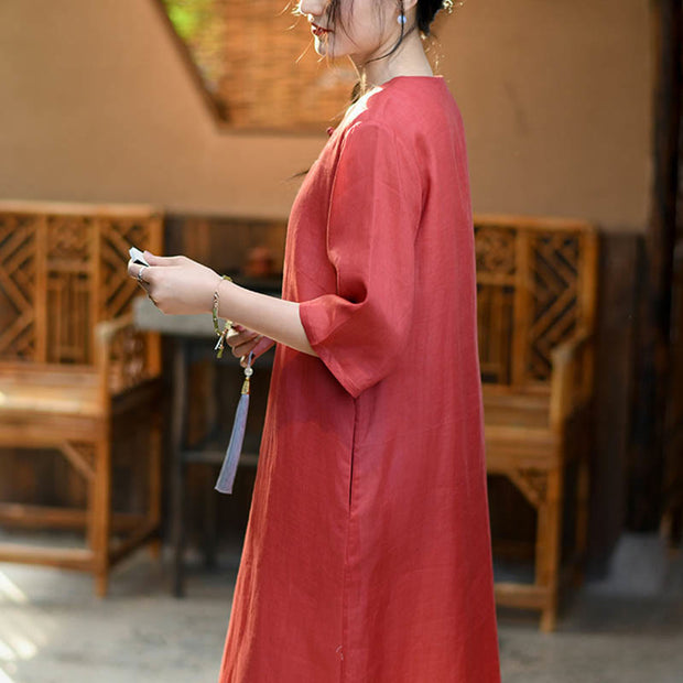 Buddha Stones Flower Vine Embroidery Cheongsam Midi Dress Ramie Half Sleeve Dress With Pockets