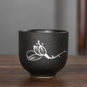 Buddha Stones Hand Painted Lotus Flower Bamboo Chrysanthemum Black Pottery Ceramic Teacup Kung Fu Tea Cup 95ml Cup BS Lotus 6.3cm*5.7cm*95ml
