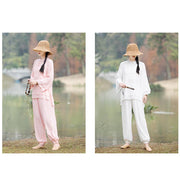 Buddha Stones 2Pcs Plain Design Top Pants Meditation Yoga Zen Tai Chi Cotton Linen Clothing Women's Set Clothes BS 22