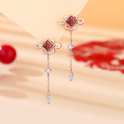 Buddha Stones 925 Sterling Silver Chinese Knotting Red Zircon Wealth Necklace Pendant Bracelet Earrings Set Bracelet Necklaces & Pendants BS Earrings
