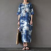Buddha Stones Ink Tie Dye Midi Dress Three Quarter Sleeve Cotton Linen Dress With Pockets 10