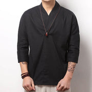 Buddha Stones Casual V-Neck Three Quarter Sleeve Shirt Cotton Linen Men Clothing