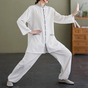 Buddha Stones 2Pcs Solid Color Long Sleeve Shirt Top Pants Meditation Zen Tai Chi Cotton Linen Clothing Women's Set