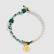 Buddha Stones 925 Sterling Silver Fu Character Lucky Bag Pearl Hetian Jade Wisdom Rope Bracelet 5