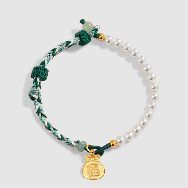 Buddha Stones 925 Sterling Silver Fu Character Lucky Bag Pearl Hetian Jade Wisdom Rope Bracelet 5