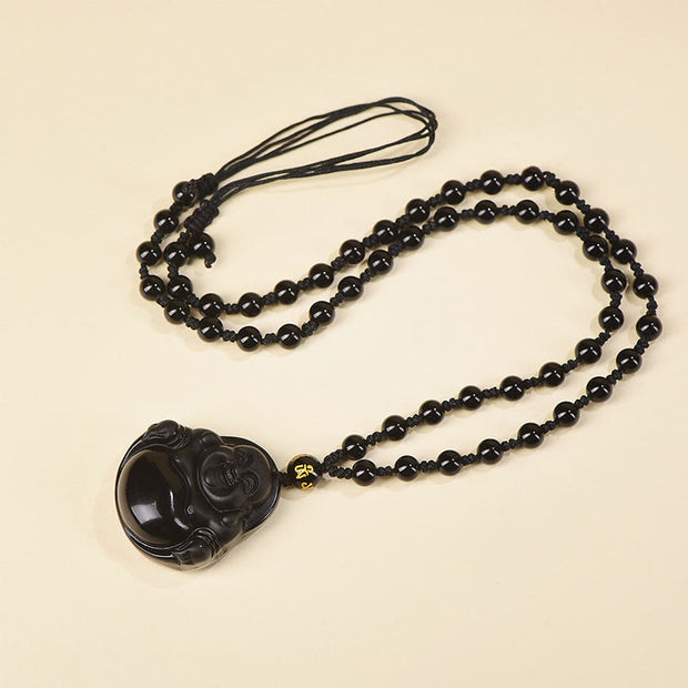 Buddha Stones Natural Black Obsidian Ice Obsidian Laughing Buddha Purification Necklace Pendant Necklaces & Pendants BS Black Obsidian Glass Bead Chain