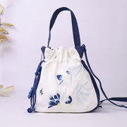 Buddha Stones Embroidered Butterfly Lotus Magnolia Cotton Linen Tote Crossbody Bag Shoulder Bag Handbag Crossbody Bag BS Navy Blue Magnolia 20*20*7cm