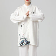 Buddha Stones White Crane Sea Cotton Linen Meditation Prayer Spiritual Zen Tai Chi Qigong Practice Clothing Set