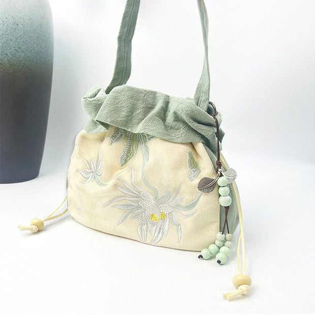 Buddha Stones Suzhou Embroidery Lotus Epiphyllum Magnolia Cotton Linen Tote Crossbody Bag Shoulder Bag Handbag 10