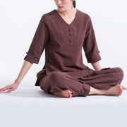 Buddha Stones Yoga Meditation Prayer V-neck Design Cotton Linen Clothing Uniform Zen Practice Women's Set Clothes BS 9