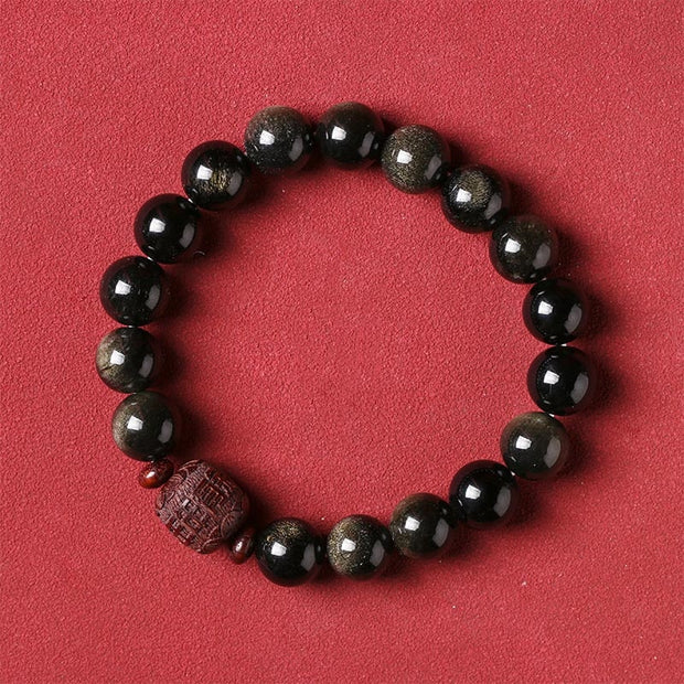 Buddha Stones Natural Gold Sheen Obsidian Rainbow Obsidian Om Mani Padme Hum Fu Character Healing Bracelet Bracelet BS 21