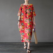 Buddha Stones Red Peony Flowers Printed Midi Dress Half Sleeve Cotton Linen Dress 1