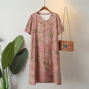 Buddha Stones Plus Size V-Neck Flowers Short Sleeve Cotton Linen Midi Dress With Pockets