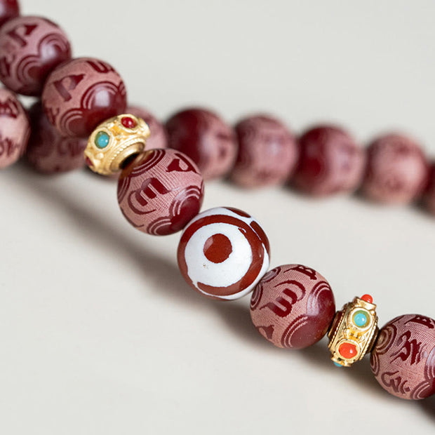 Buddha Stones Red Bodhi Seed Om Mani Padme Hum Lotus Engraved Harmony Bracelet Mala Bracelet BS 5