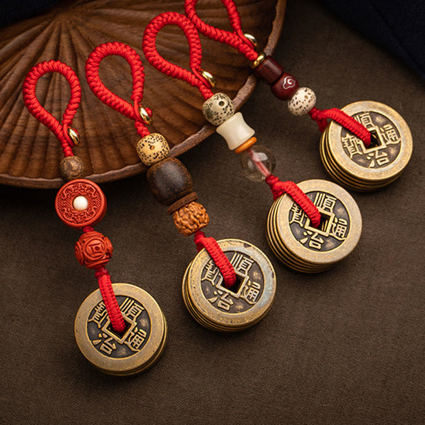 Buddha Stones Feng Shui Five Emperor Coins Luck Bodhi Seed Money Wealth Keychain