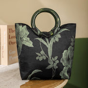 Buddha Stones Black Green Orchids Print Vintage Handbag