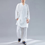 Buddha Stones 2Pcs V-Neck Men's Long Sleeve Shirt Top Pants Meditation Zen Tai Chi Cotton Linen Clothing Set
