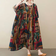 Buddha Stones Colorful Graphics Midi Dress Cotton Half Sleeve Tunic Dress With Pockets