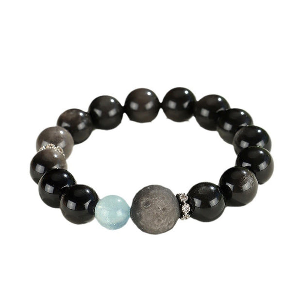 Buddha Stones Natural Silver Sheen Obsidian Cat Head Fox Planet Protection Bracelet