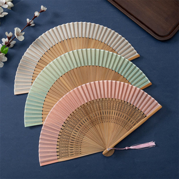 Buddha Stones Solid Color Handheld Silk Bamboo Folding Fan 21cm 10