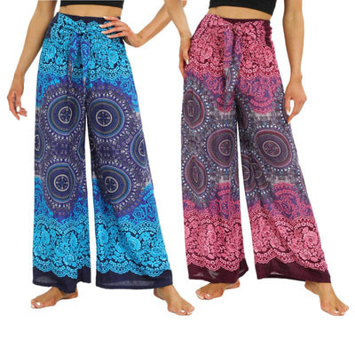 Buddha Stones Bohemian Mandala Flower Lace-up Wide Leg Pants Women's Yoga Pants