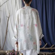 Buddha Stones White Red Flowers Green Leaves Frog-Button Long Sleeve Ramie Linen Jacket Shirt 4