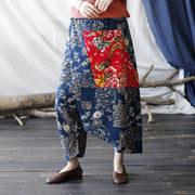 Buddha Stones Red Peony Blue Bamboo Chrysanthemum Patchwork Cotton Linen Harem Pants With Pockets 4