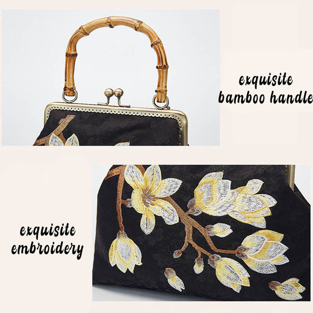 Buddha Stones Plum Blossom Embroidery Bamboo Handle Handbag Crossbody Bag Crossbody Bag&Handbags BS 5
